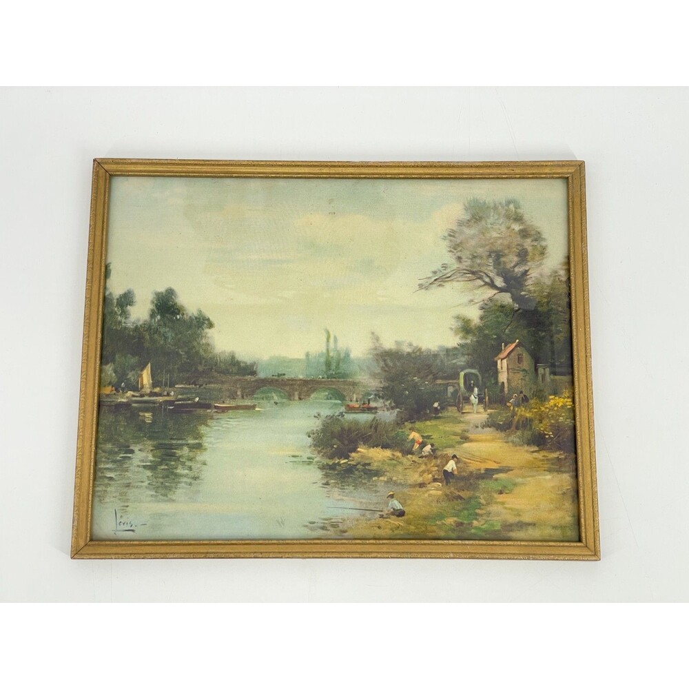 MCM Vintage Framed River Landscape Print Signed Lewis Gold Frame 16x13